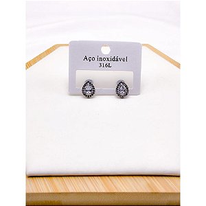 BRINCO AÇO INOXIDÁVEL  GOTA CRAVEJADO PEDRA CRISTAL - PRATEADO