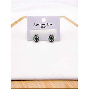 BRINCO AÇO INOXIDÁVEL  GOTA CRAVEJADO PEDRA VERDE - PRATEADO
