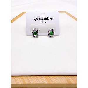 BRINCO AÇO INOXIDÁVEL  RETANGULAR CRAVEJADO PEDRA VERDE - PRATEADO