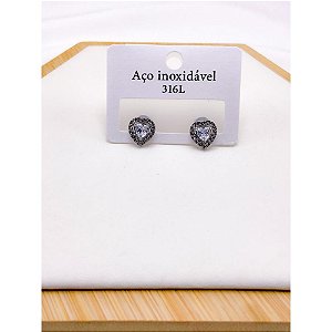 BRINCO AÇO INOXIDÁVEL  CORAÇÃO CRAVEJADO PEDRA CRISTAL - PRATEADO