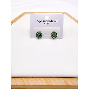 BRINCO AÇO INOXIDÁVEL  CORAÇÃO CRAVEJADO PEDRA VERDE - PRATEADO