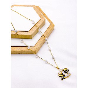 COLAR AÇO INOXIDÁVEL COM PEROLAS PINGENTE ESTRELA DO MAR RESINADO PRETO - DOURADO