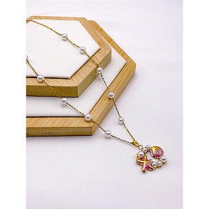 COLAR AÇO INOXIDÁVEL COM PEROLAS PINGENTE ESTRELA DO MAR RESINADO PINK - DOURADO