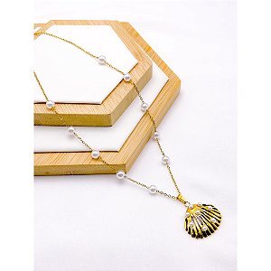 COLAR AÇO INOXIDÁVEL COM PEROLAS PINGENTE ESTRELA DO MAR ESMALTADO PRETO - DOURADO
