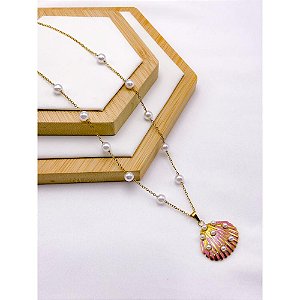 COLAR AÇO INOXIDÁVEL COM PEROLAS PINGENTE ESTRELA DO MAR ESMALTADO PINK - DOURADO