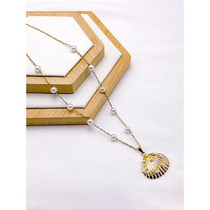 COLAR AÇO INOXIDÁVEL COM PEROLAS PINGENTE ESTRELA DO MAR ESMALTADO ROSA - DOURADO
