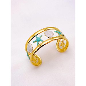 BRACELETE AÇO INOXIDÁVEL ESTRELA DO MAR RESINADO TURQUESA - DOURADO