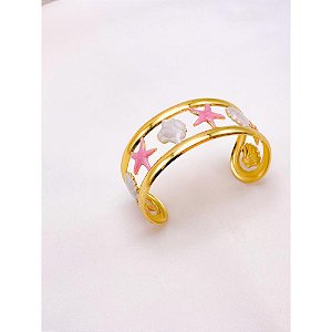 BRACELETE AÇO INOXIDÁVEL ESTRELA DO MAR RESINADO ROSA - DOURADO