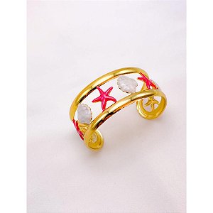 BRACELETE AÇO INOXIDÁVEL ESTRELA DO MAR RESINADO VERMELHO - DOURADO