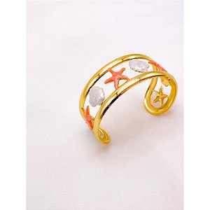 BRACELETE AÇO INOXIDÁVEL ESTRELA DO MAR RESINADO SALMON - DOURADO