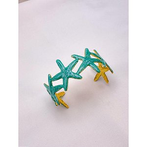 BRACELETE AÇO INOXIDÁVEL ESTRELA DO MAR RESINADO TURQUESA - DOURADO
