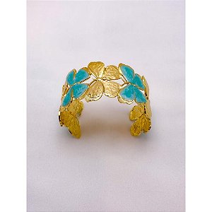 BRACELETE AÇO INOXIDÁVEL BORBOLETAS RESINADO TURQUESA - DOURADO