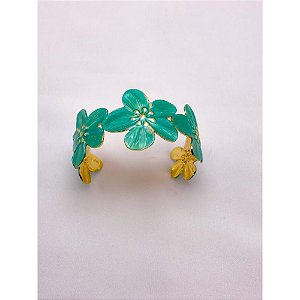 BRACELETE AÇO INOXIDÁVEL FLOR ESMALTADO TURQUESA - DOURADO