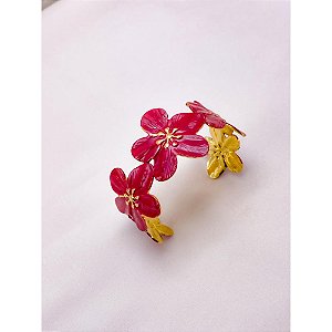 BRACELETE AÇO INOXIDÁVEL FLOR ESMALTADO VERMELHO - DOURADO