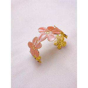 BRACELETE AÇO INOXIDÁVEL FLOR ESMALTADO SALMON - DOURADO