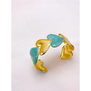 BRACELETE AÇO INOXIDÁVEL CORAÇÕES RESINADO TURQUESA - DOURADO