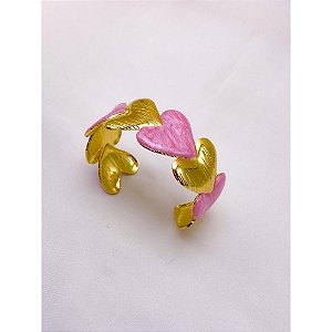 BRACELETE AÇO INOXIDÁVEL CORAÇÕES RESINADO ROSA - DOURADO