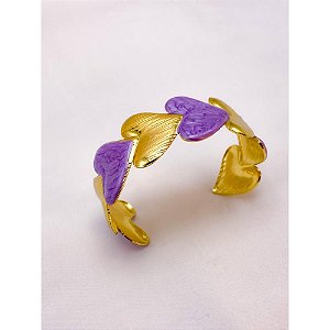 BRACELETE AÇO INOXIDÁVEL CORAÇÕES RESINADO LAVANDA - DOURADO