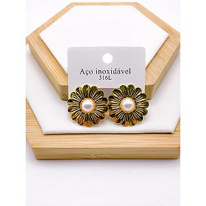 BRINCO AÇO INOXIDÁVEL FLOR COM PEROLA - DOURADO