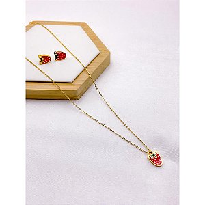 CONJUNTO INFANTIL COLAR  E BRINCO AÇO INOXIDÁVEL  MORANGO - DOURADO