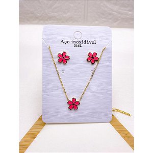 CONJUNTO INFANTIL COLAR  E BRINCO AÇO INOXIDÁVEL  FLOR  - DOURADO