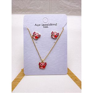 CONJUNTO INFANTIL COLAR  E BRINCO AÇO INOXIDÁVEL  AXOLOTE ROSA  - DOURADO