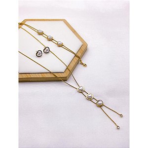 CONJUNTO COLAR  BRINCO E PULSEIRA AÇO INOXIDÁVEL  CORAÇÃO PEROLA  - DOURADO