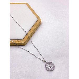 COLAR AÇO INOXIDÁVEL 45CM PINGENTE REDONDO SÃO BENTO CRAVEJADO DUPLA FACE - PRATEADO