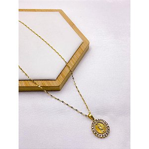 COLAR AÇO INOXIDÁVEL 45CM PINGENTE REDONDO VIRGEM MARIA CRAVEJADO - DOURADO