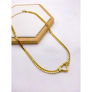 COLAR AÇO INOXIDÁVEL ELO GRUMET TRANÇADO 45CM CORAÇÃO VAZADO - DOURADO