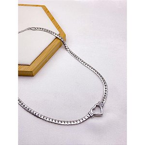 COLAR AÇO INOXIDÁVEL ELO GRUMET TRANÇADO 45CM CORAÇÃO VAZADO - PRATEADO