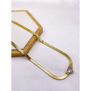 COLAR AÇO INOXIDÁVEL FITA 6MM 45CM CORAÇÃO CRISTAL - DOURADO