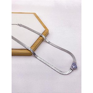 COLAR AÇO INOXIDÁVEL FITA 6MM 45CM CORAÇÃO CRISTAL - PRATEADO