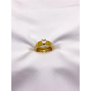 ANEL AÇO INOXIDÁVEL E SOLITARIO PEDRA CRISTAL - DOURADO (UNIDADE)