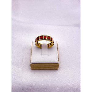 ANEL AÇO INOXIDÁVEL BEZEL FORMATURA PEDRA VERMELHO RUBI - DOURADO (UNIDADE) - ACOMPANHA CAIXA ROSA