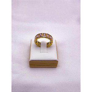 ANEL AÇO INOXIDÁVEL BEZEL FORMATURA PEDRA ROSA  - DOURADO (UNIDADE) - ACOMPANHA CAIXA ROSA