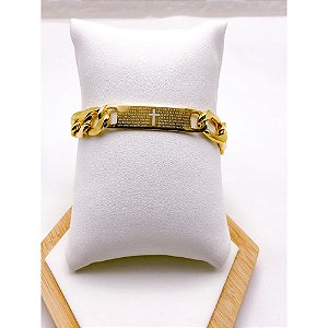 PULSEIRA AÇO INOXIDÁVEL FÍGARO 3.0MM  ORAÇÃO PAI NOSSO 22CM - DOURADA