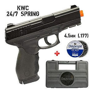 Pistola de Pressão KWC 24/7 Spring 4.5mm + Case Rígido Maleta Dispropil + Esfera Aço Dispropil 4.5mm