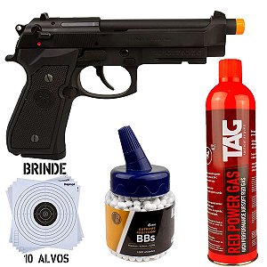 Pistola Airsoft GBB G&G GPM92 + Green Refil Ntk Red + BB’s Plásticas 0.20g 1000un + Alvos Brinde