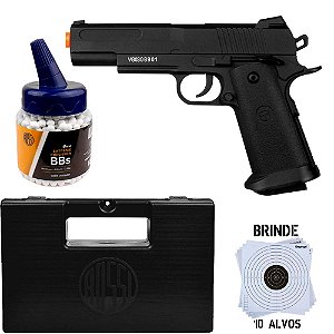 Pistola Airsoft Spring Vigor 1911 V18 Full Metal 6mm + Bb's 1000un 0.20g + Case Rígido + Alvos Brind