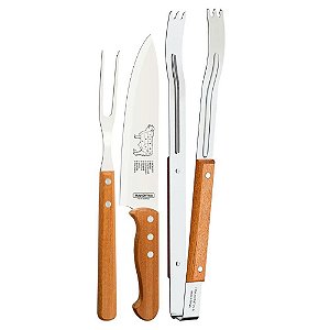 Kit Churrasco Lâminas Aço Inox  Cabos Madeira Natural 3 Peças - Tramontina