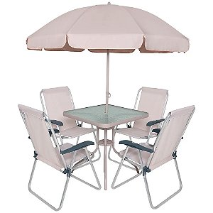 Conjunto Pretopolis Aluminio Bege Cadeira/Mesa/Ombrelone - Bel
