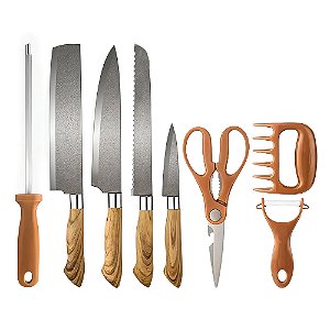 Conjunto Facas 8 Peças Detalhe Madeira Claro EC3420 - Ecooda