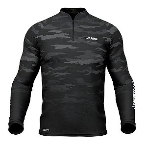 Camiseta De Pesca Manga Longa Cammo Preta S/ Capuz - Marine Sport