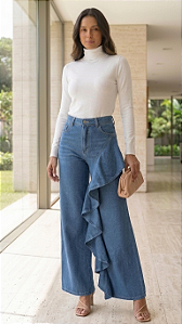 Calça Jeans Wide Leg com Babado Liz