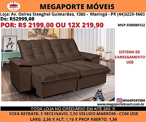 Sofá Retrátil e Reclinável 2,50 com Entrada USB