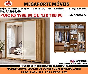 Guarda Roupa Casal Porta de Correr 2,42m c/ Espelho