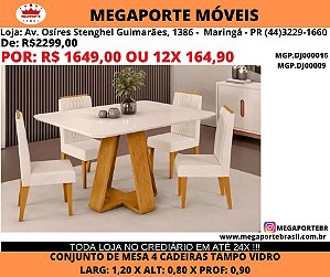 Conjunto de Mesa 4 cadeiras Tampo de Vidro MDF