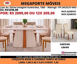 Conjunto Mesa 6 cadeiras Tampo de Vidro