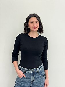 BLUSA AYLA GOLA REDONDA MALHA RIBANA MANGA LONGA